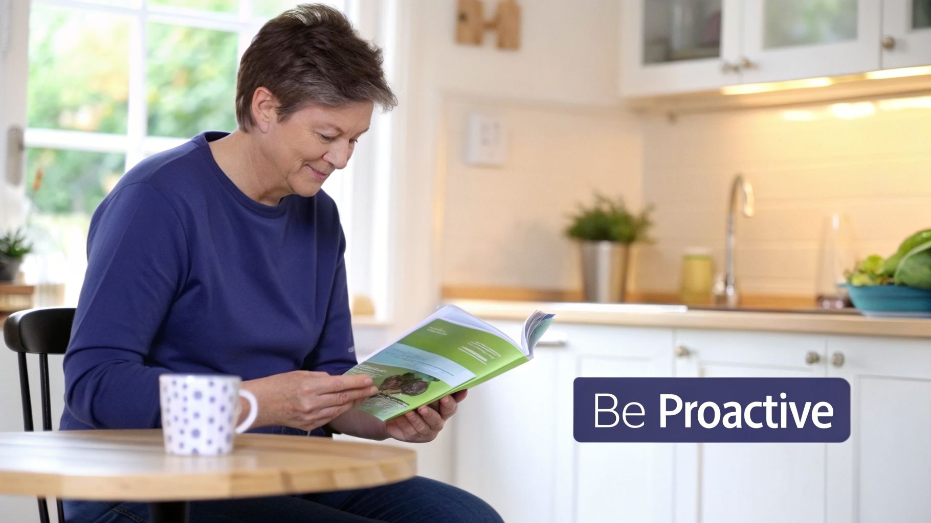 Your Guide to Every Test for Bowel Cancer 1 A smiling woman in a blue shirt reads a green booklet at a kitchen table, promoting proactivity.