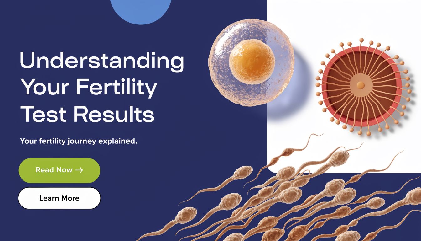 A conceptual fertility graphic featuring a human egg cell and multiple sperm cells on a dark background.