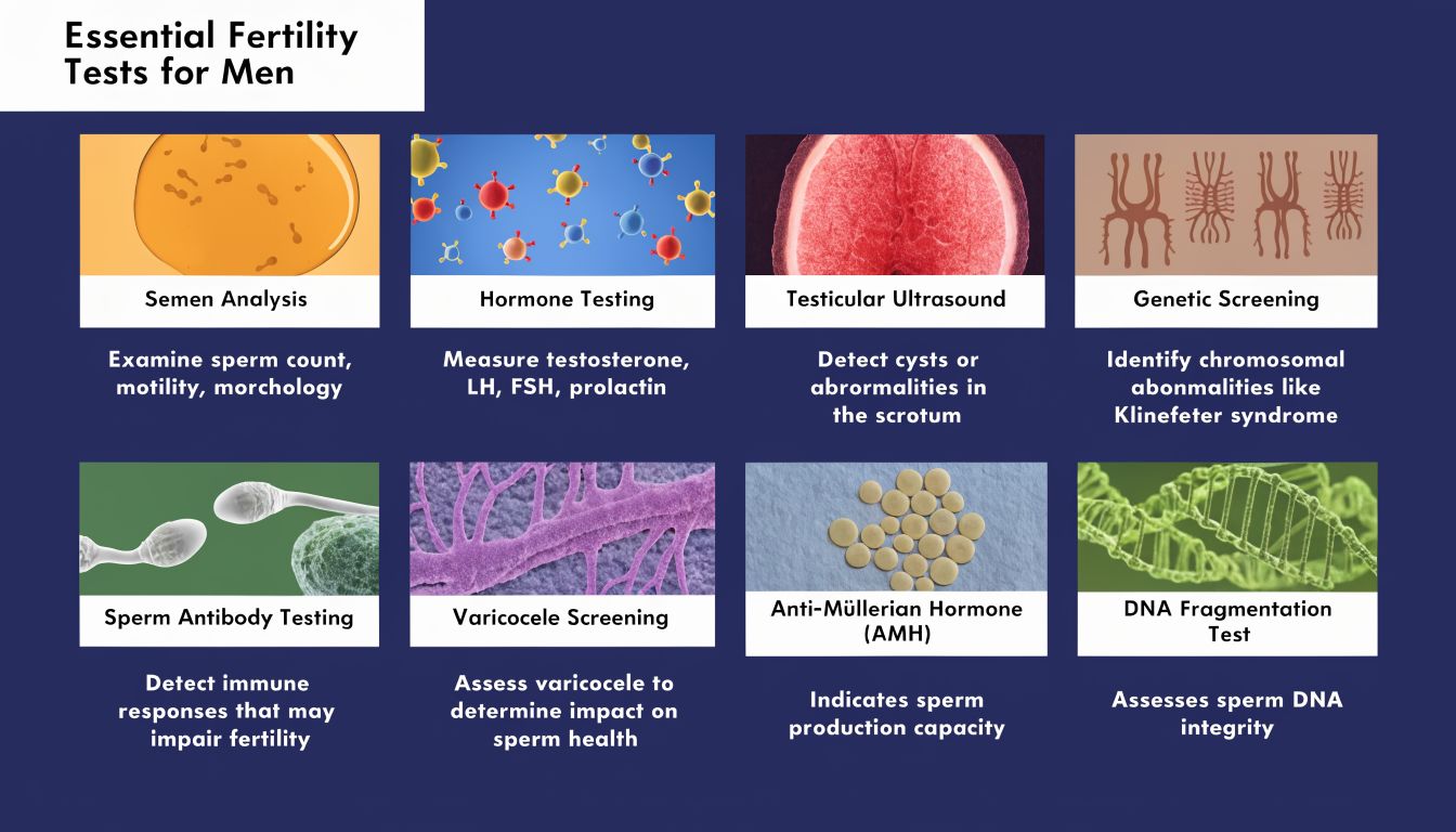 An infographic showing eight essential fertility tests for men including semen analysis, hormone testing, and genetic screening.