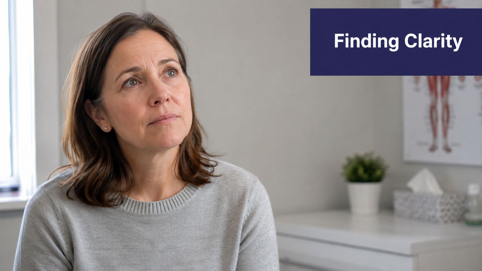 Tests for Epilepsy: A Patient's Guide to Diagnosis 1 A middle-aged woman wearing a gray sweater looks thoughtfully upward in a doctor's medical office.