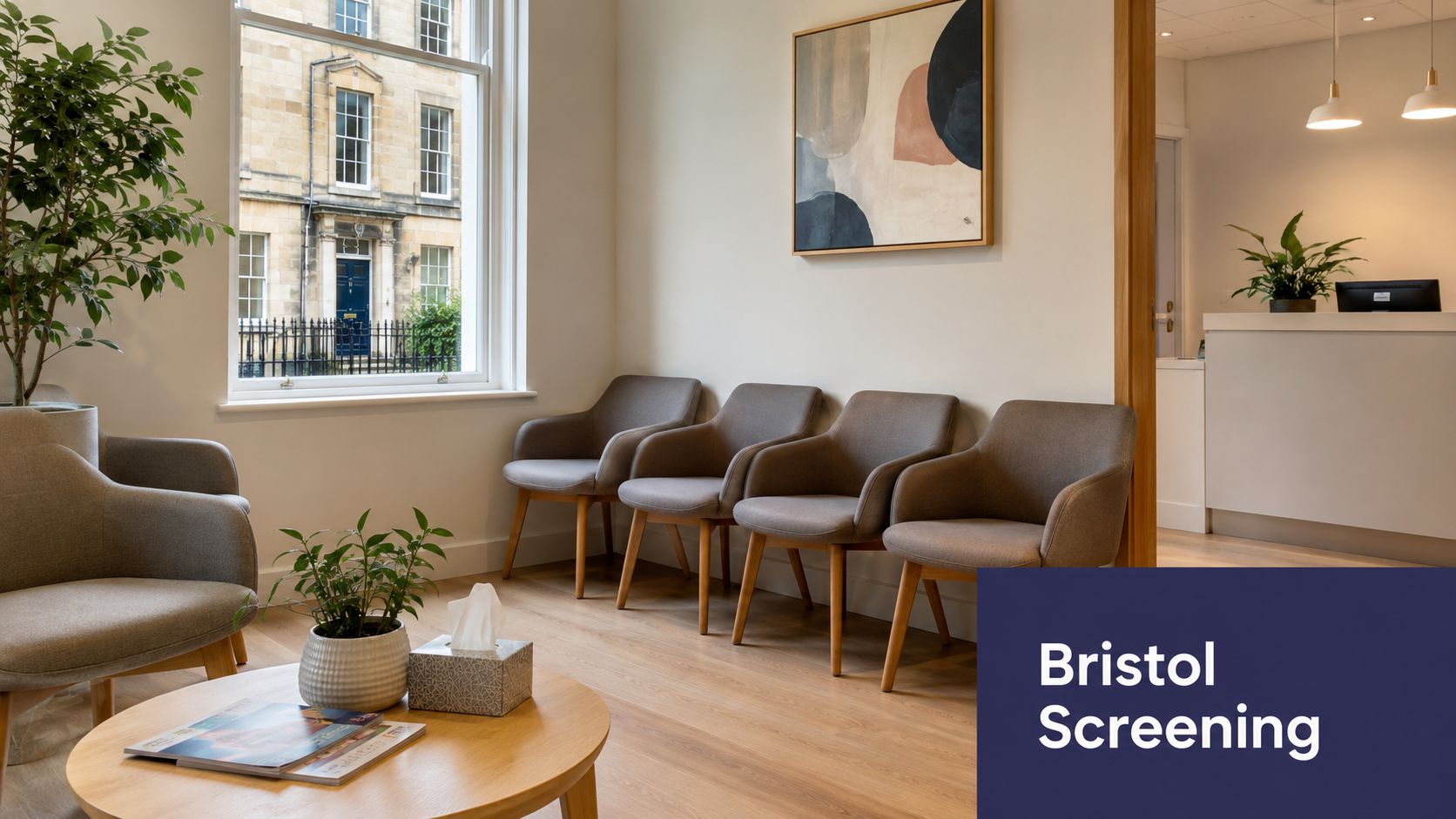 Find Bowel Cancer Screening Private in the UK for 2026 4 A bright and welcoming medical waiting room with gray chairs, a wooden table, and a reception area.