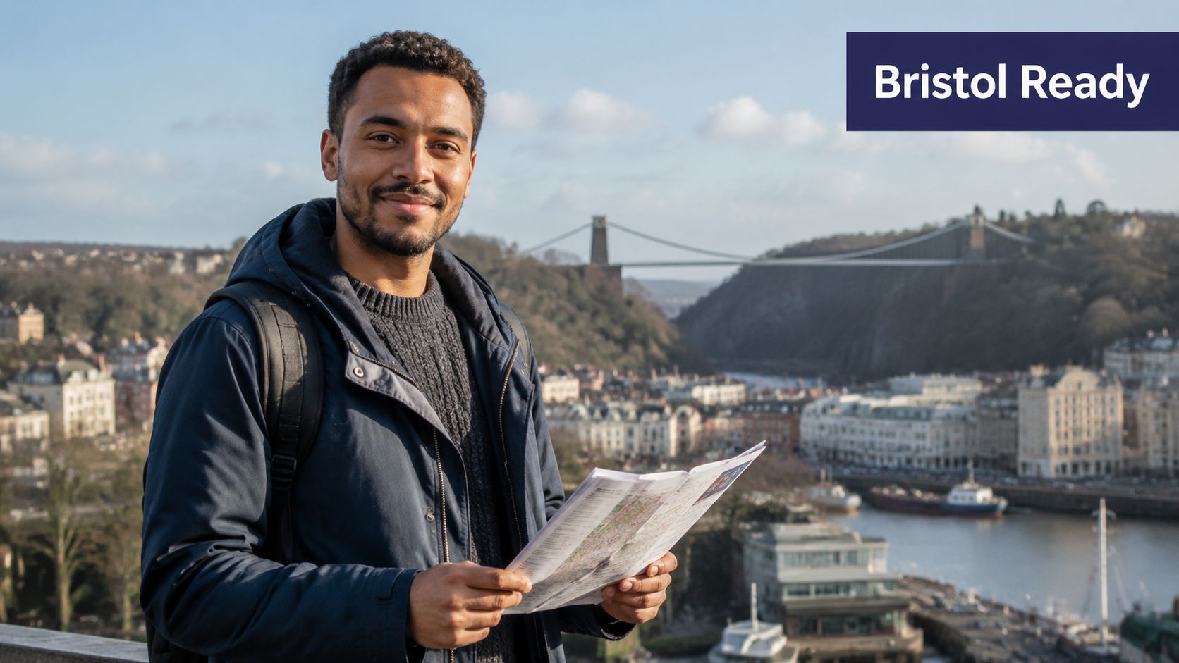 Driving Medical Assessment: A UK Guide for 2026 4 A young man holding a map overlooking the Clifton Suspension Bridge in Bristol, UK.