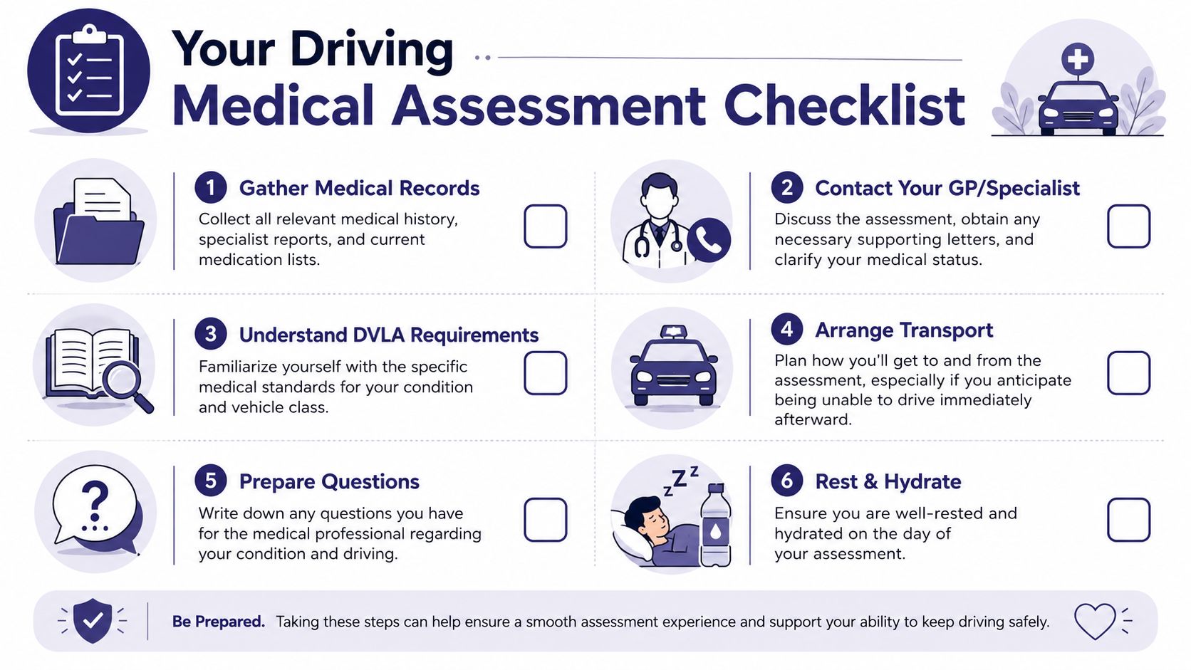 Driving Medical Assessment: A UK Guide for 2026 3 A driving medical assessment checklist infographic detailing six essential steps for preparation to ensure a smooth evaluation.