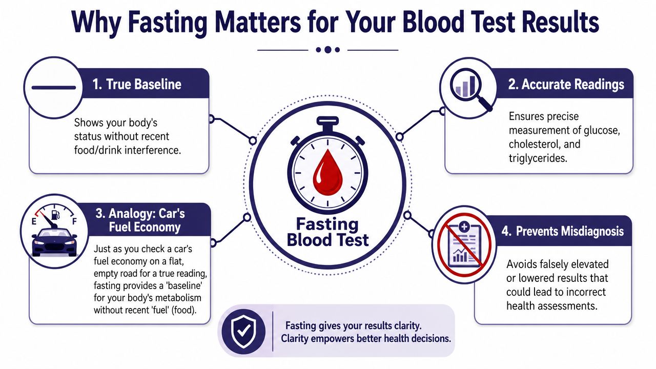 How to Fast Before Blood Test: 2026 Patient Guide 2 An infographic titled Why Fasting Matters for Your Blood Test Results, illustrating four key benefits of fasting.
