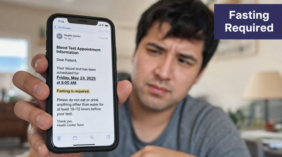How to Fast Before Blood Test: 2026 Patient Guide 1 A man looking confused while holding a smartphone displaying an email notification about a blood test appointment.