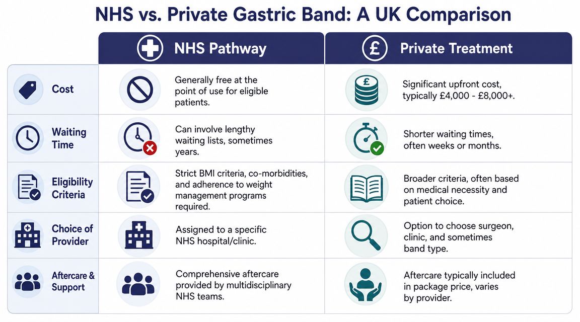 UK Gastric Band Prices: Your 2026 Cost & Value Guide 3 A comparison table outlining the key differences between NHS and private gastric band surgery in the UK.