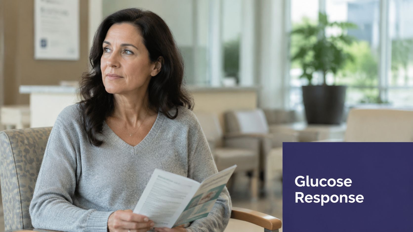 Glucose Tolerance Test: Prepare & Understand Results 1 A middle-aged woman sitting in a waiting room holding a medical brochure about glucose response.