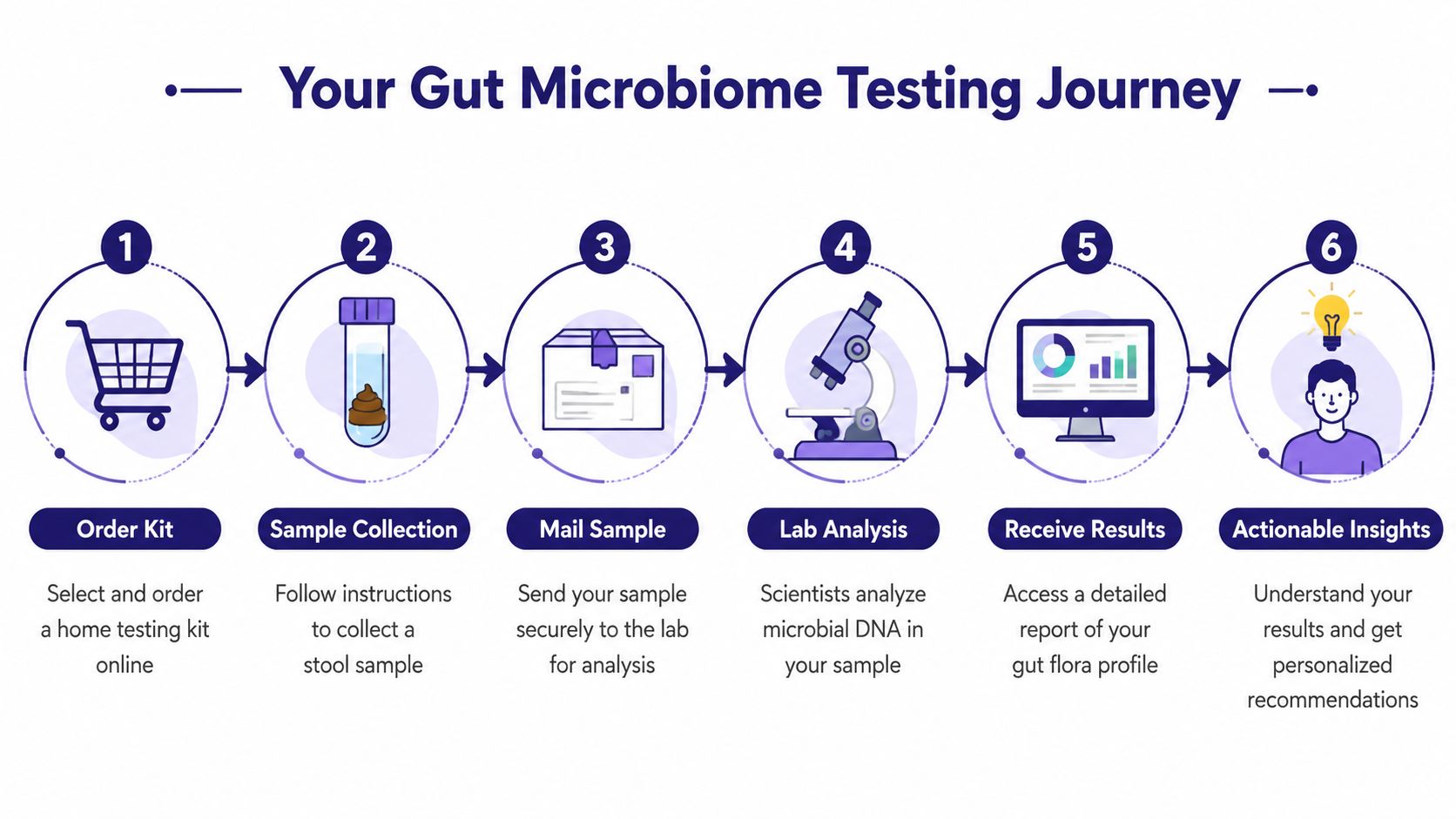 Gut Microbiome Testing UK: Your 2026 Guide 2 A six-step infographic illustrating the gut microbiome testing process from ordering the kit to actionable insights.