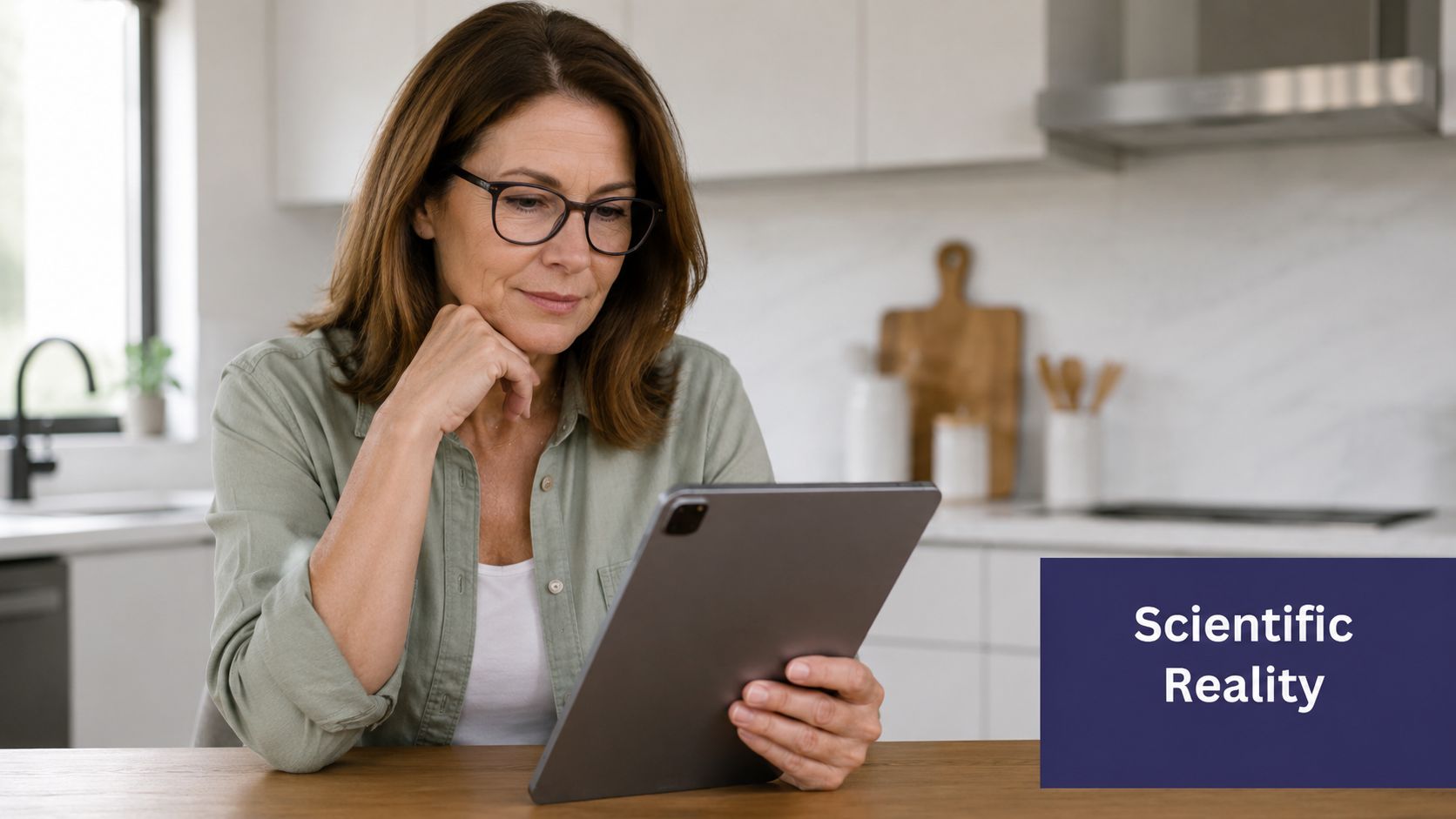 Gut Microbiome Testing UK: Your 2026 Guide 3 A middle-aged woman wearing glasses looks at a tablet screen while sitting in a modern kitchen.