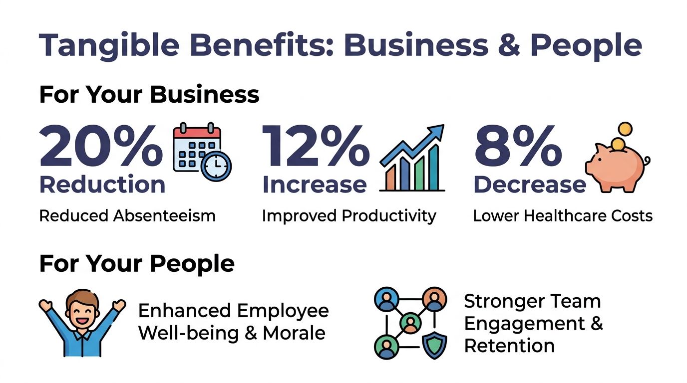 An infographic showing business benefits like reduced absenteeism, increased productivity, lower healthcare costs, and better employee engagement.
