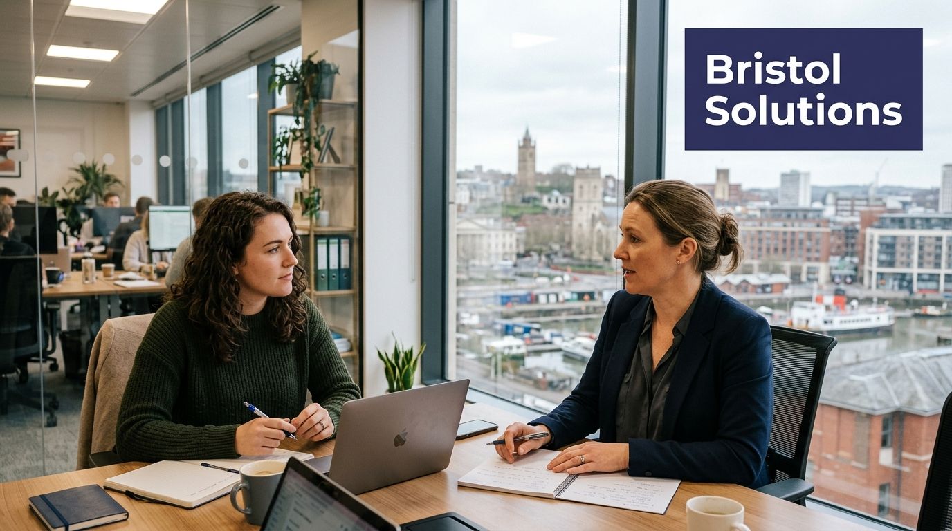 Two professional women having a productive business meeting in a modern office overlooking the Bristol harbor.