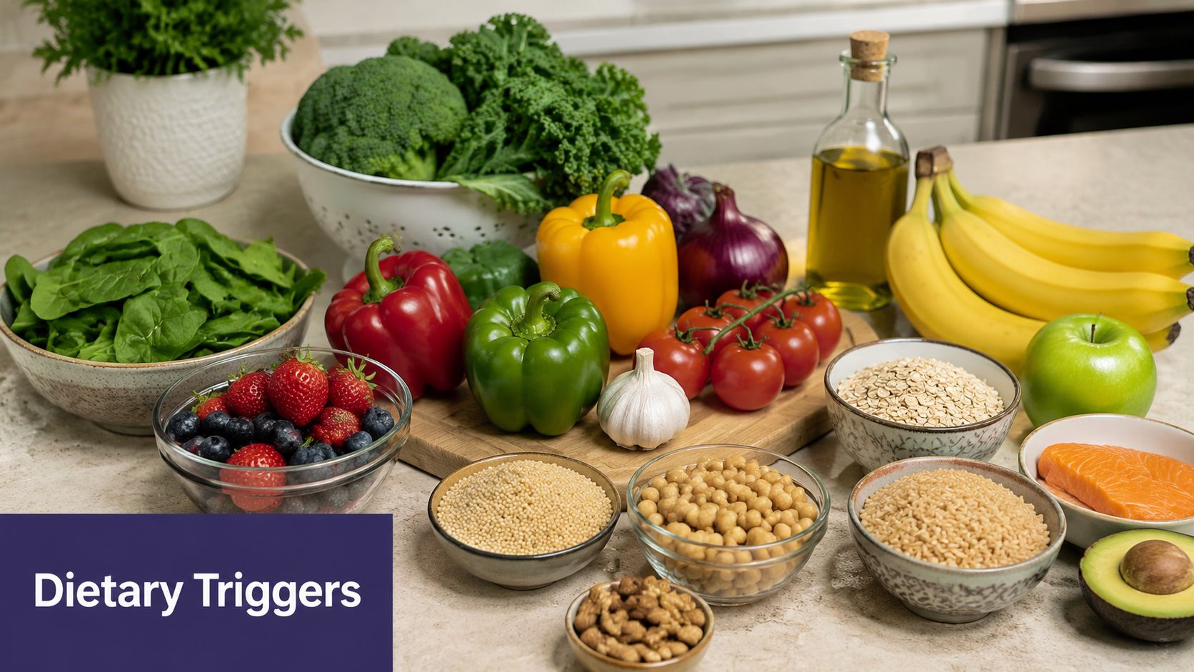 Hot Flushes After Eating: Causes and When to See a GP 3 A variety of fresh, healthy whole foods including vegetables, fruits, grains, and fish on a kitchen counter.