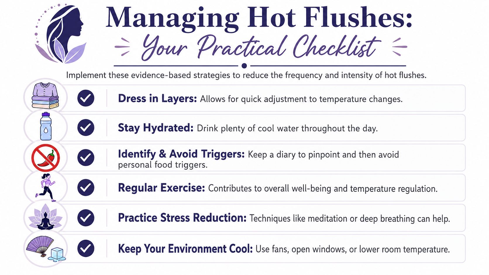 Hot Flushes After Eating: Causes and When to See a GP 4 A checklist infographic providing evidence-based strategies for managing hot flushes, such as layering clothes and staying hydrated.