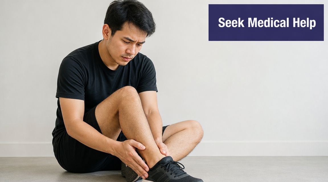 A man sitting on the floor holding his injured ankle with a pained expression on his face.