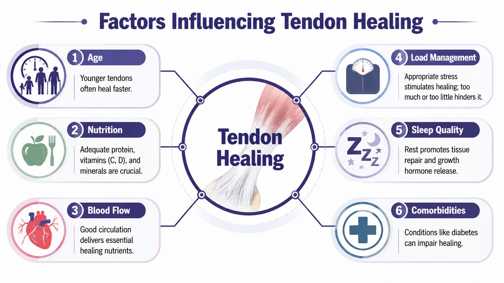 An infographic illustrating six key factors that influence the natural healing process of human tendons.