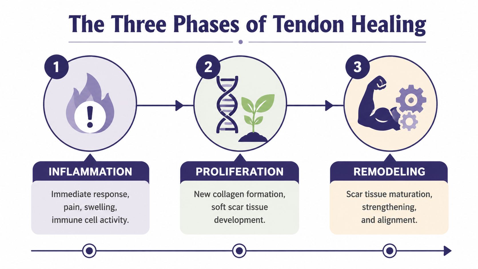 A diagram illustrating the three phases of tendon healing: inflammation, proliferation, and remodeling with descriptive icons.