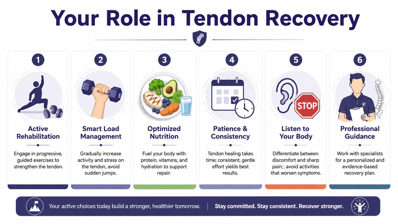 A six-step infographic guide detailing roles and habits for effective tendon recovery and rehabilitation.