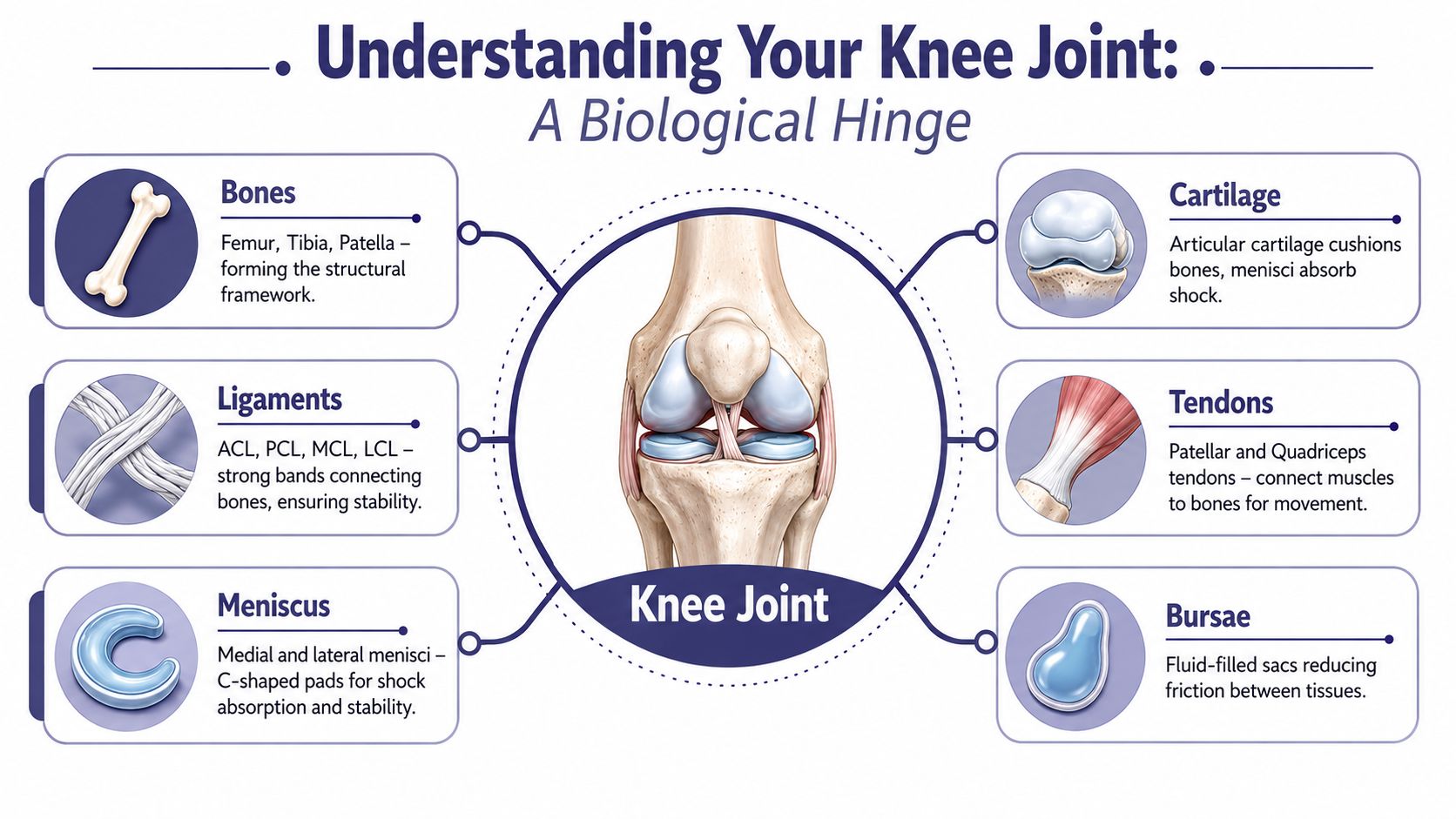 A detailed infographic illustrating the various components of the human knee joint, including bones, ligaments, and cartilage.