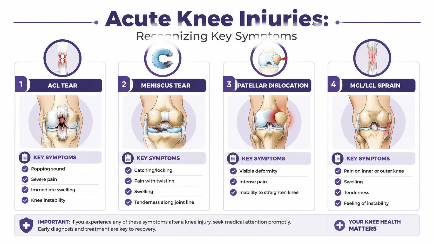 An infographic detailing symptoms for four common acute knee injuries: ACL tear, meniscus tear, patellar dislocation, and ligament sprain.