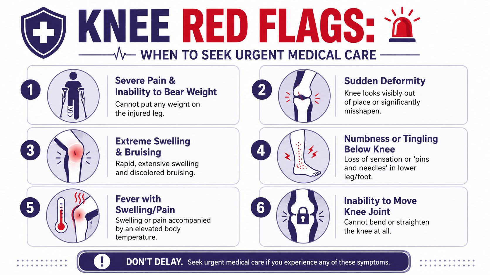An infographic detailing six red flag symptoms of knee injuries requiring urgent medical attention and care.