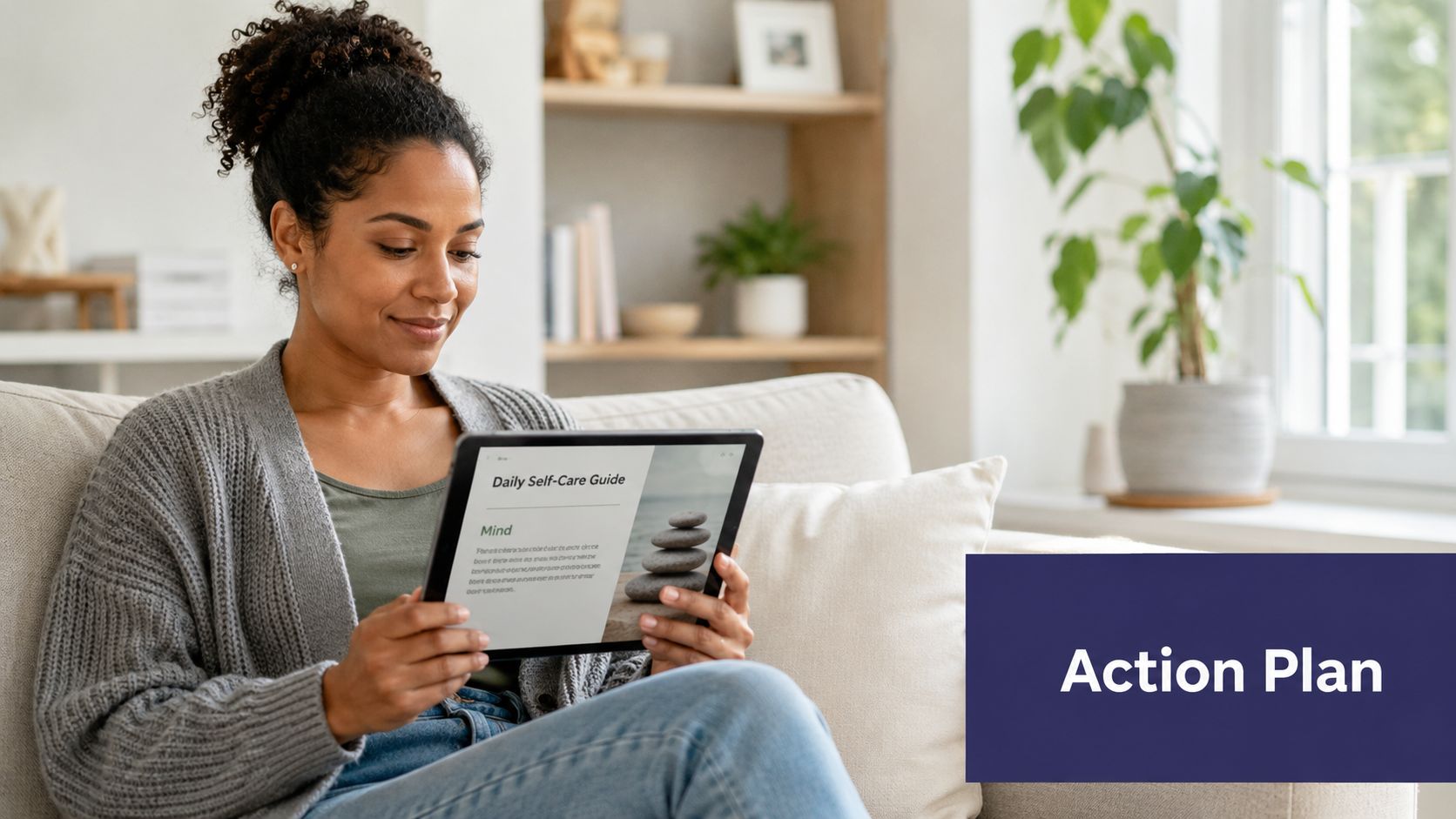 A smiling woman sitting on a couch reading a Daily Self-Care Guide on her tablet computer.