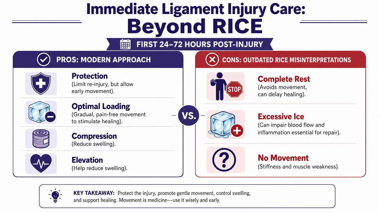Ligament Injury Treatment: Your Full Recovery Guide 1 An infographic comparing modern ligament injury treatment methods with outdated practices like excessive ice and complete rest.