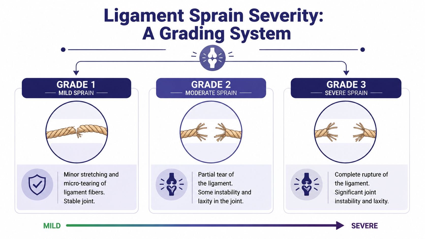 Ligament Injury Treatment: Your Full Recovery Guide 2 An infographic detailing the three grades of ligament sprain severity from mild to severe with illustrations.