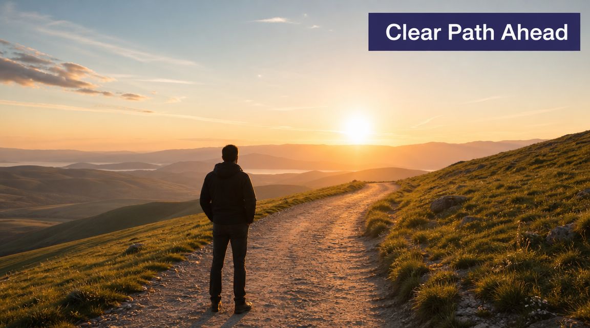 A Busy Professional's Guide to a Mental Health Care Plan 3 A person standing on a dirt path looking at a scenic sunset over rolling hills and mountains.
