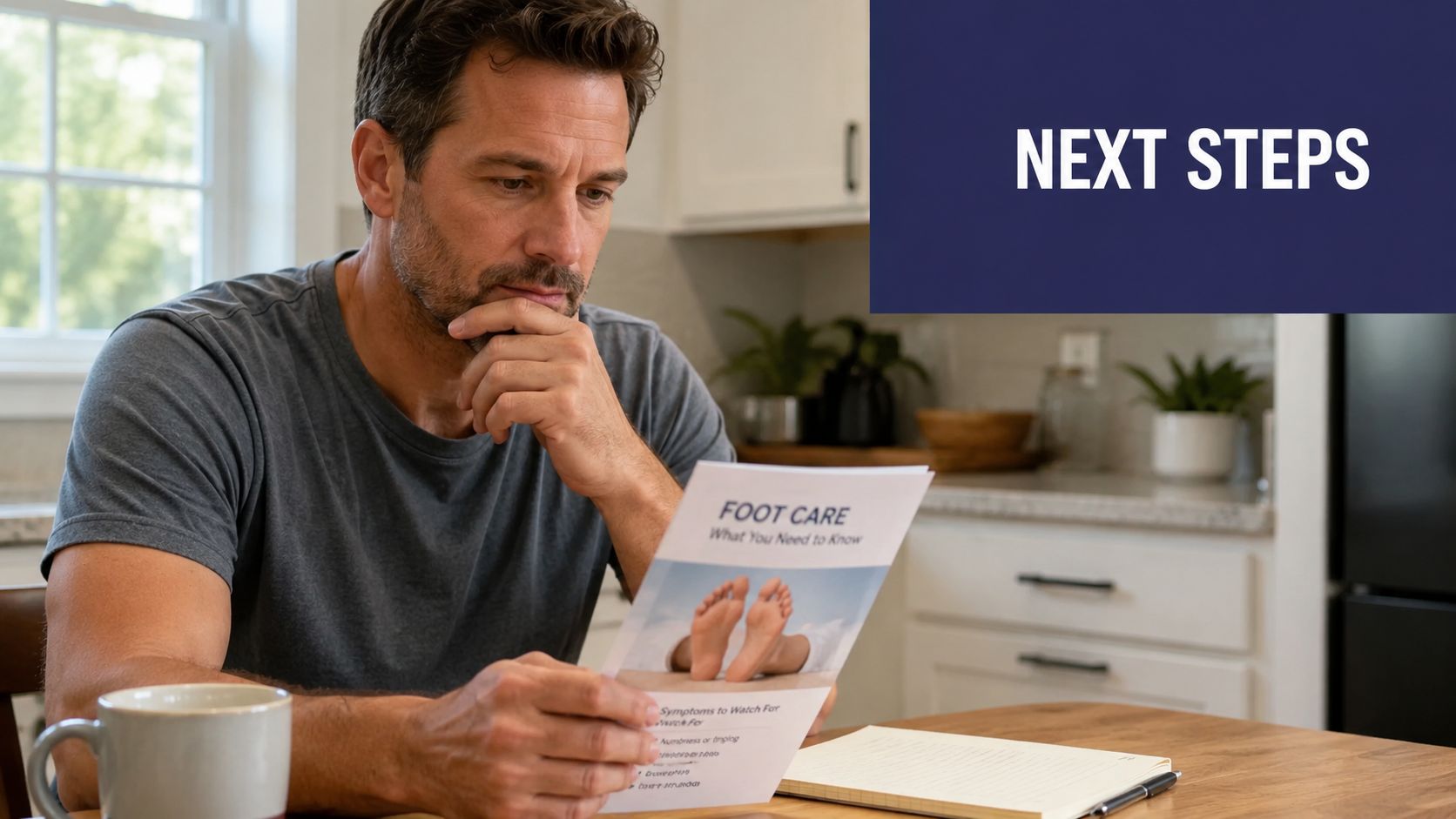 A middle-aged man reading an informational brochure about foot care while sitting at his kitchen table.