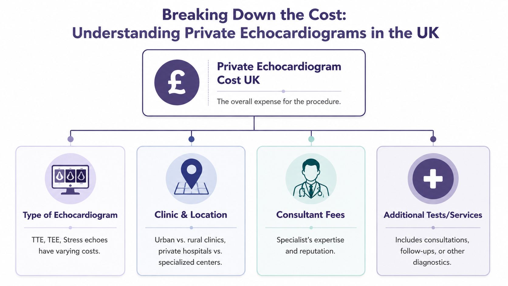 Private Echocardiogram Cost: A UK Patient's Guide 2026 3 An infographic showing factors influencing the cost of private echocardiograms in the UK, including location and services.