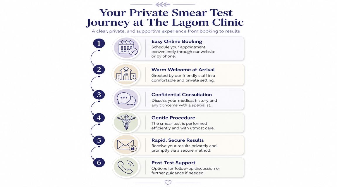 Private Smear Tests: A Guide to Your Options in 2026 3 An infographic detailing the six steps of a private smear test journey at The Lagom Clinic.