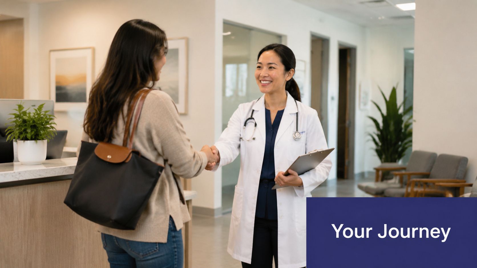 Private Ultrasound Scan: A Guide to Faster Diagnosis 3 A smiling doctor shaking hands with a female patient in a professional medical clinic waiting room.
