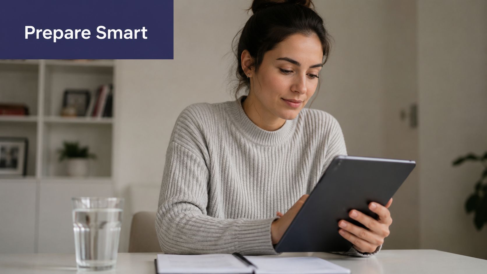 Private Ultrasound Scan: A Guide to Faster Diagnosis 2 A woman with a bun hairstyle is smiling while looking at a tablet at a white desk.