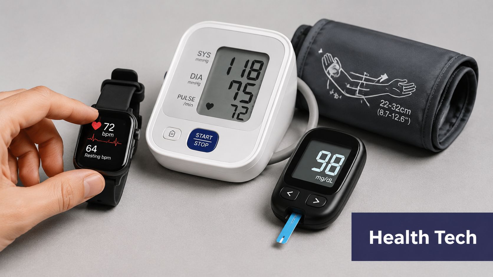 A hand touching a smartwatch next to a blood pressure monitor and a blood glucose meter.
