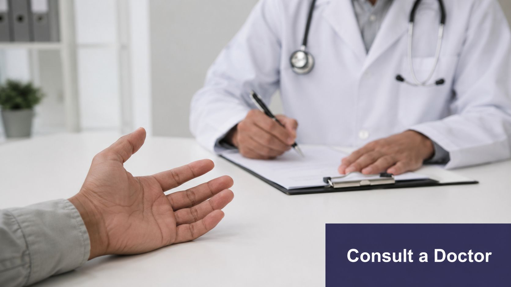 Shoulder Pain Relief: Expert Tips for 2026 4 A patient holding out their hand toward a doctor who is writing on a clipboard during consultation.