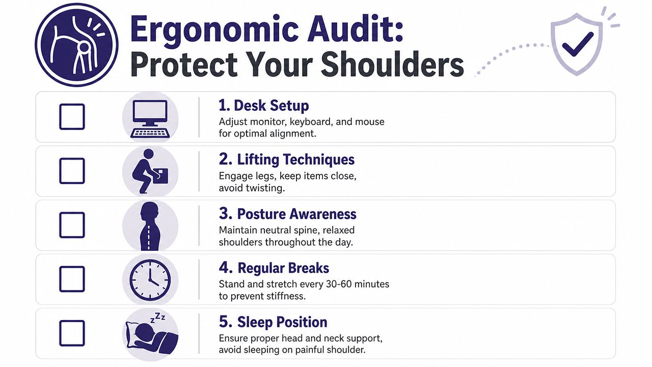 Shoulder Pain Relief: Expert Tips for 2026 3 An infographic checklist offering tips to prevent shoulder pain through proper desk setup, lifting, posture, and sleep.