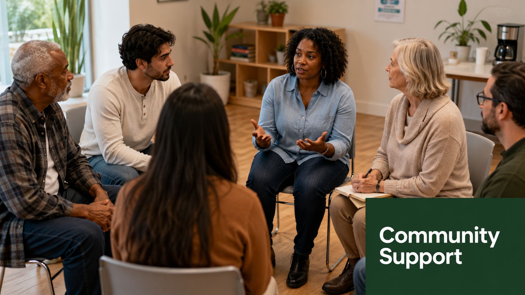 Smoking Cessation Support: Build Your 2026 Quit Plan 4 A diverse group of adults sitting in a circle during a smoking cessation support group meeting.