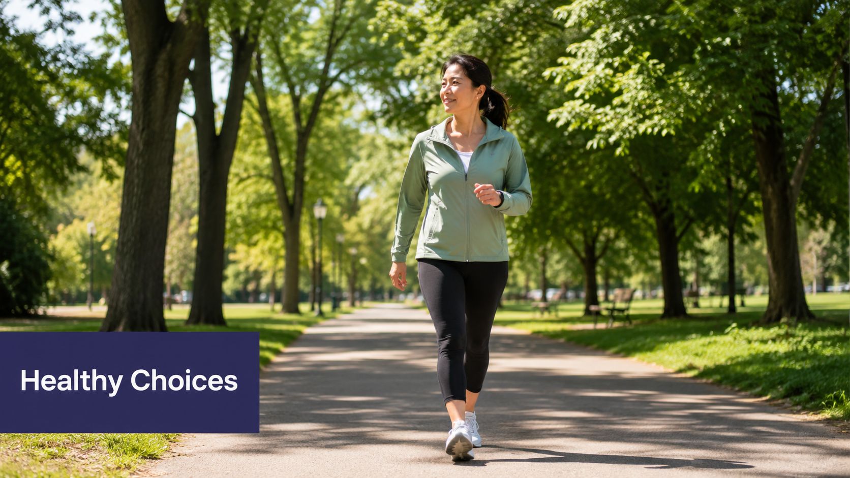 Smoking Cessation Support: Build Your 2026 Quit Plan 2 A woman walks along a scenic park pathway on a sunny day, promoting a healthy lifestyle.