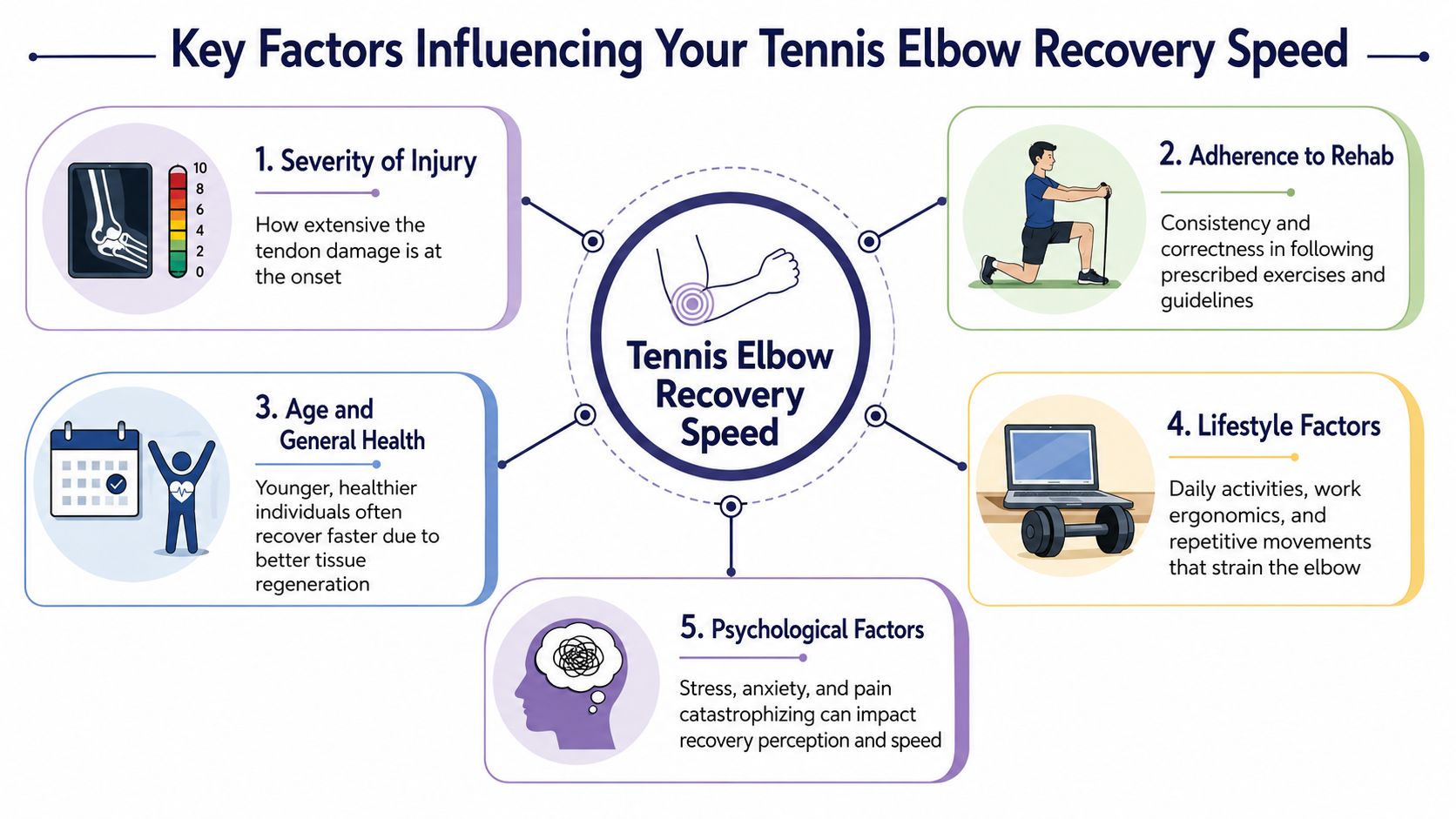 An infographic showing five key factors that influence the speed of tennis elbow recovery for patients.