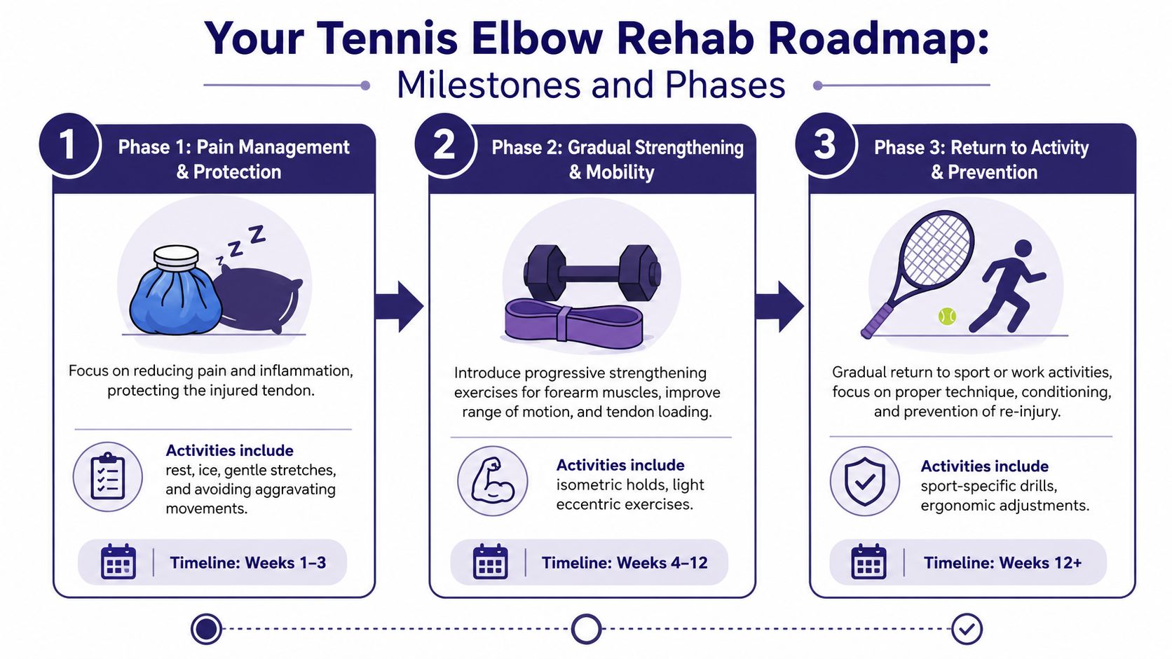 A three-phase roadmap chart illustrating the recovery timeline and stages for treating tennis elbow effectively.