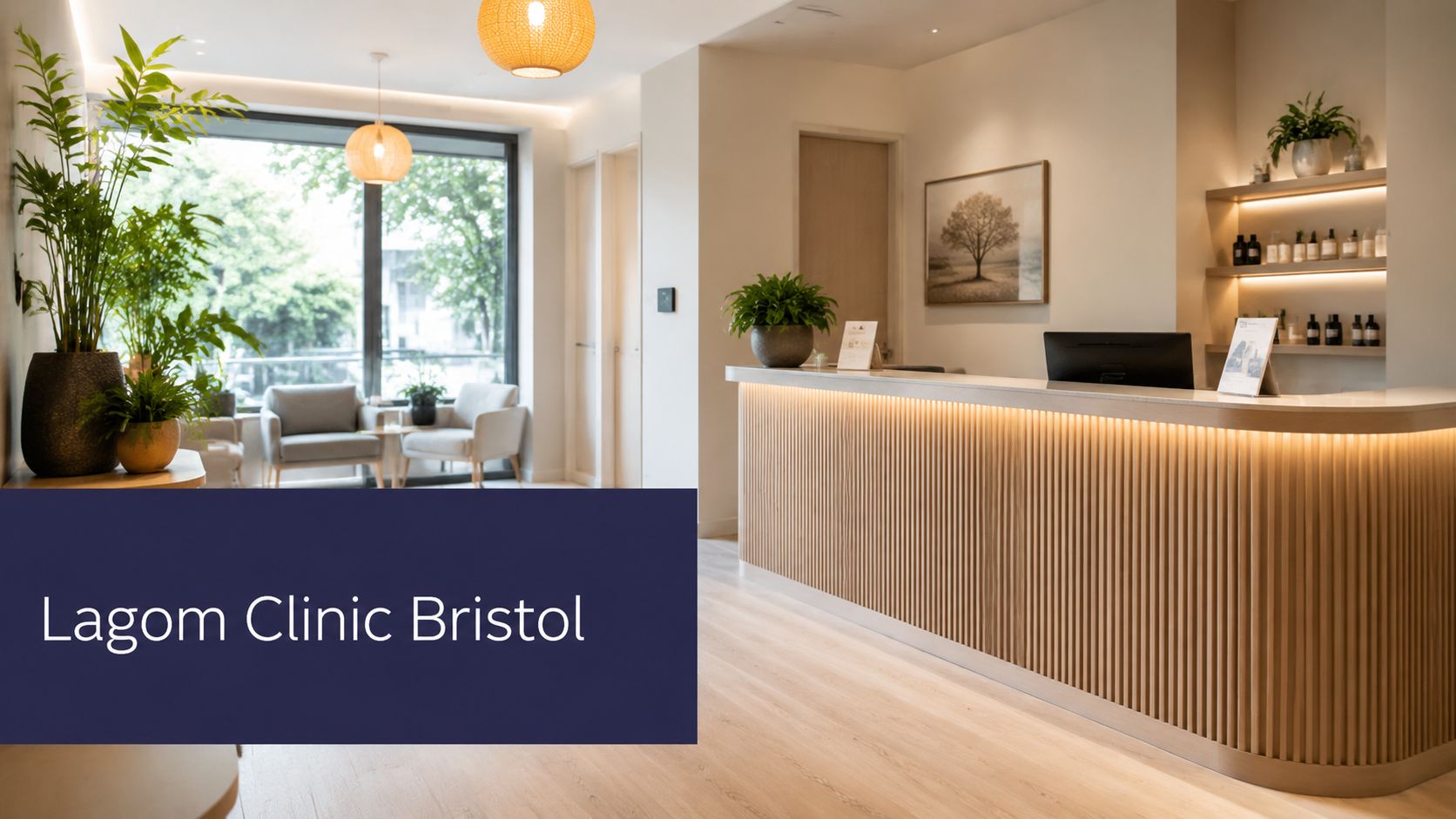 Wellbeing Coaching: Your Path to Better Health 4 A bright, modern reception area for the Lagom Clinic in Bristol featuring wood paneling and indoor plants.