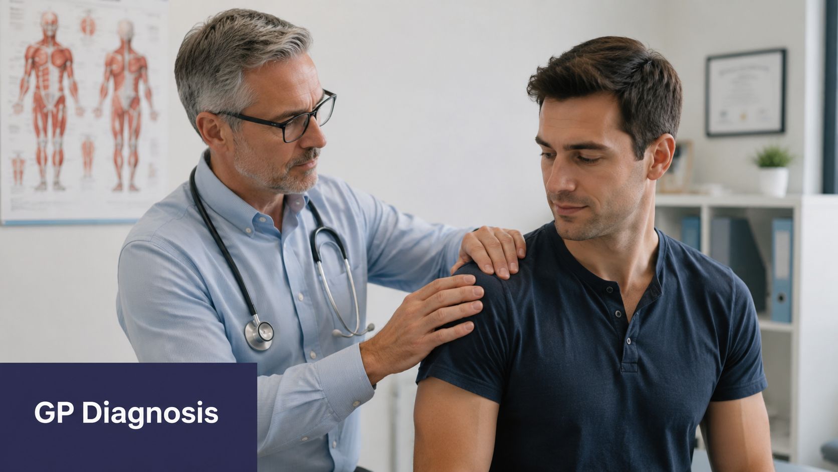 A doctor examines the shoulder of a patient during a consultation in a medical office.