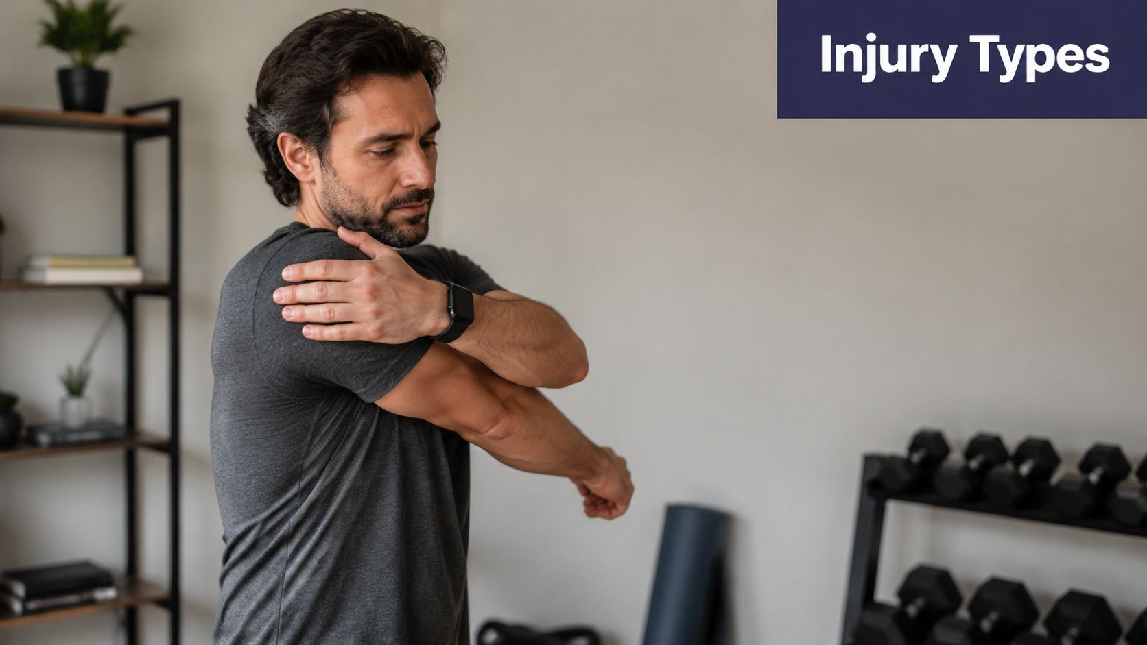 A man in a grey t-shirt holding his shoulder, demonstrating a potential rotator cuff injury while stretching.