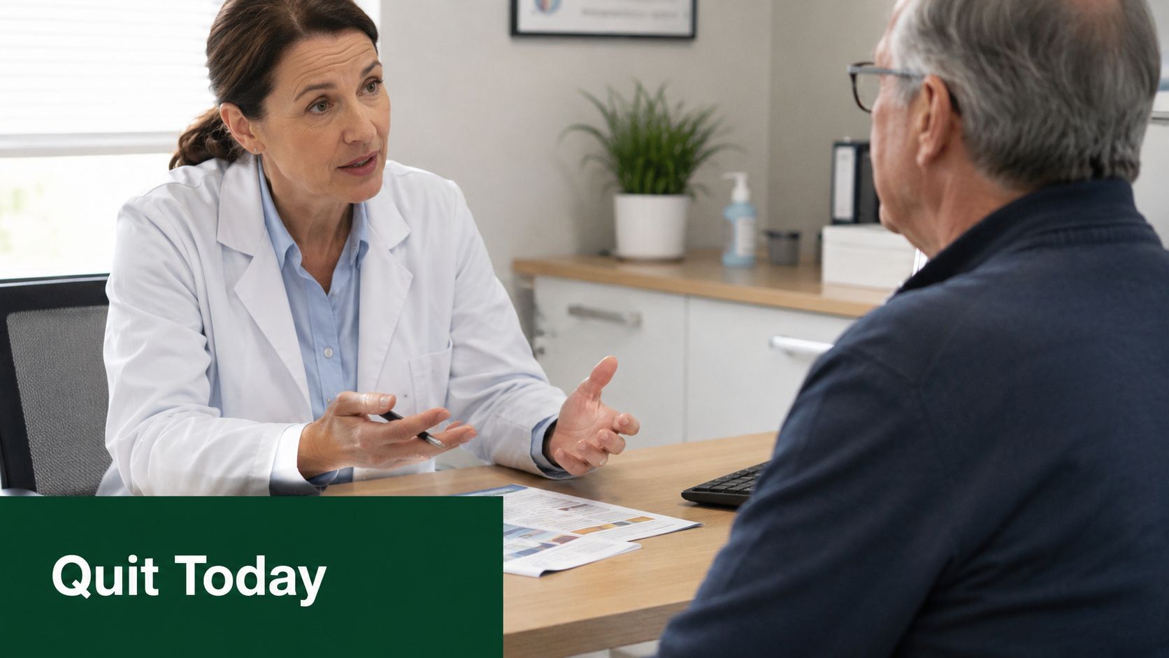 Most Common Cancers UK in 2026: Symptoms & Prevention 2 A female doctor talking to a male patient while sitting across from him at a desk.