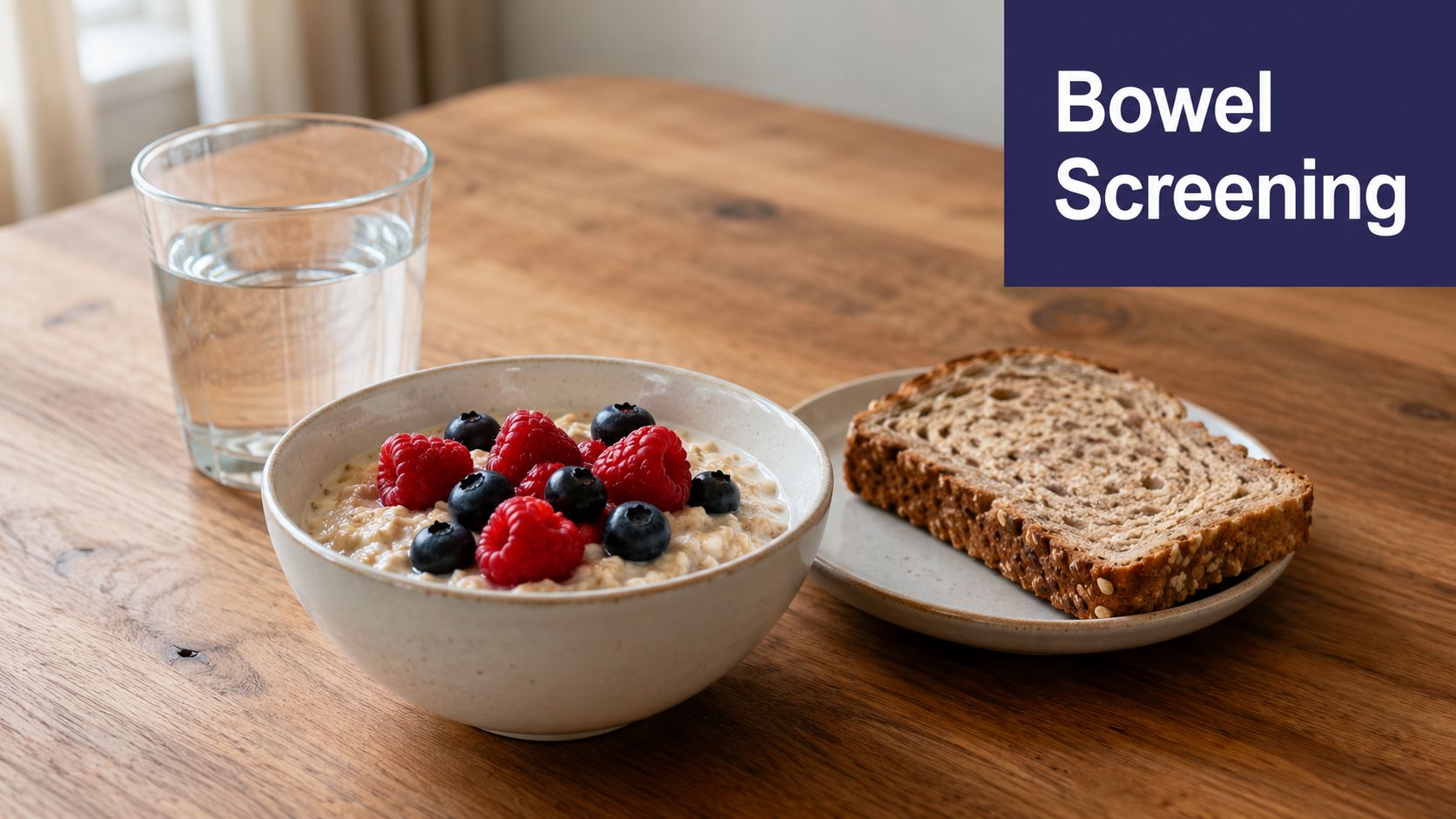 Most Common Cancers UK in 2026: Symptoms & Prevention 1 A healthy breakfast of oatmeal with blueberries and raspberries, a slice of wholegrain bread, and a glass of water.