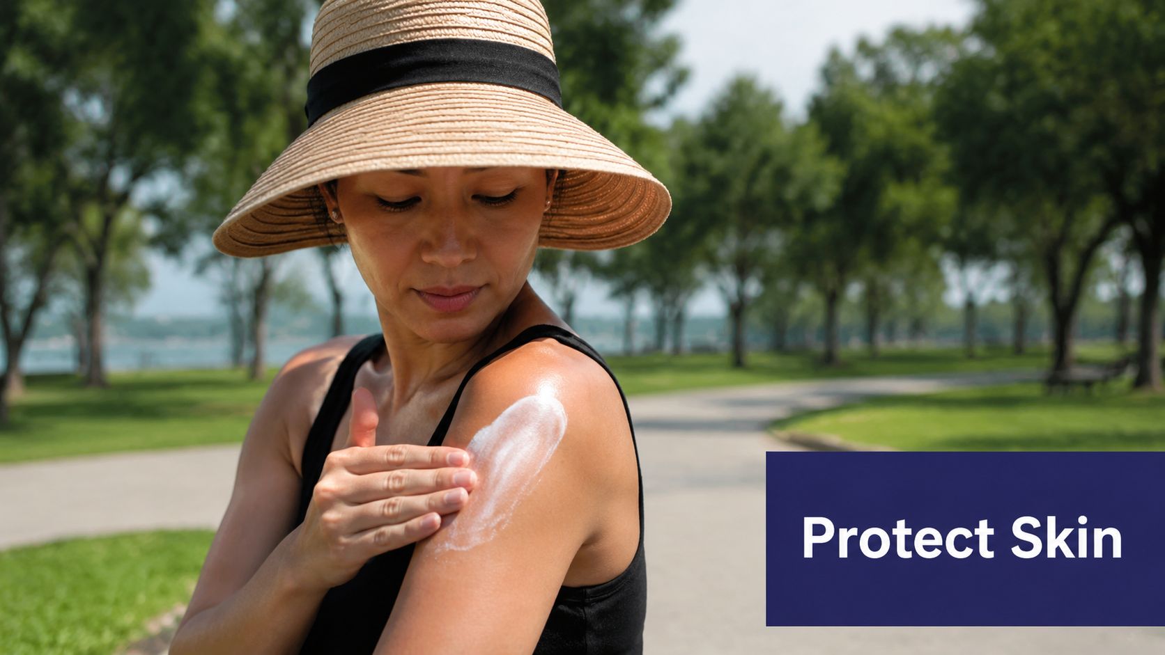 Most Common Cancers UK in 2026: Symptoms & Prevention 3 A woman wearing a sun hat applies sunscreen to her shoulder while outdoors in a park.