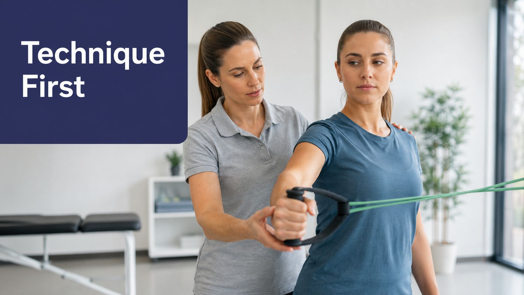 A physical therapist guiding a patient through shoulder impingement exercises using a resistance band in a clinic.