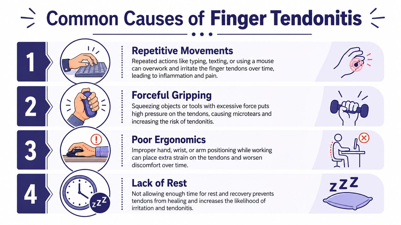 Tendonitis in Finger: Causes, Symptoms, & Relief 2 An infographic illustrating four common causes of finger tendonitis, including repetitive movements, forceful gripping, poor ergonomics, and lack of rest.