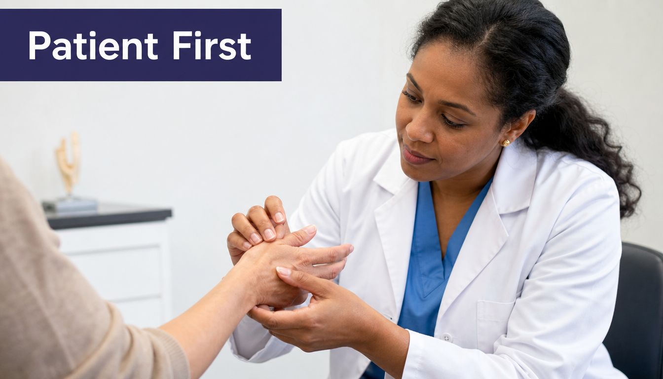 Tendonitis in Finger: Causes, Symptoms, & Relief 5 A doctor in a white lab coat examining a patient's hand for possible signs of tendonitis.