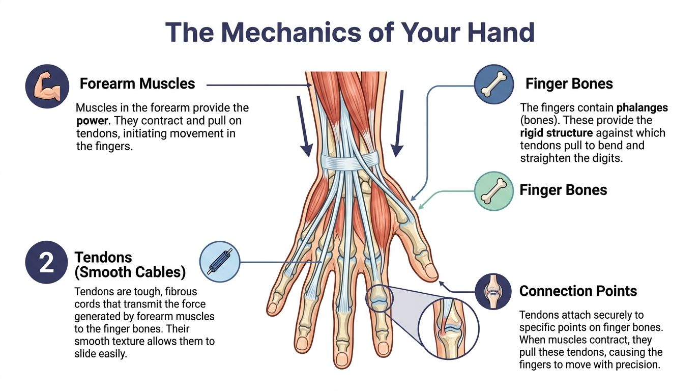 Tendonitis in Finger: Causes, Symptoms, & Relief 1 A diagram illustrating the mechanics of a human hand, labeling forearm muscles, tendons, finger bones, and connection points.